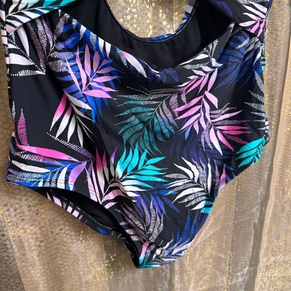 Swimsuits For All Black Pink Blue Tropical Leaf Print One Piece Monokini Size 14 - Picture 4 of 8